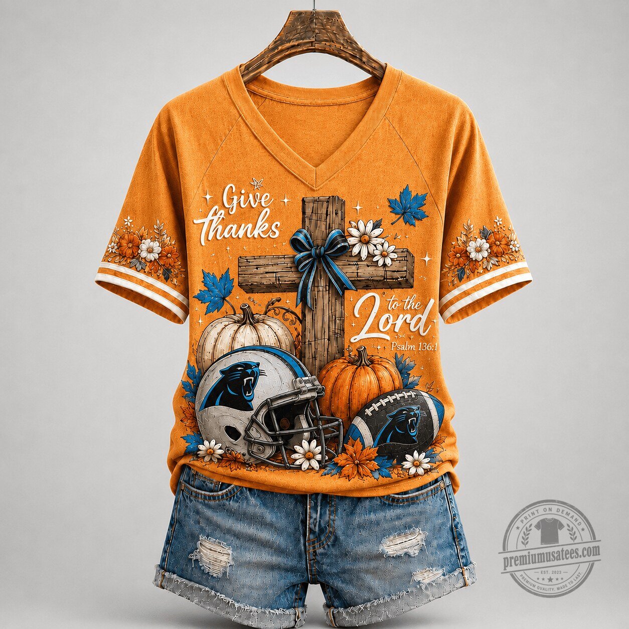 Carolina Panthers Thanksgiving Give Thanks To The Lord V-Neck T-Shirt