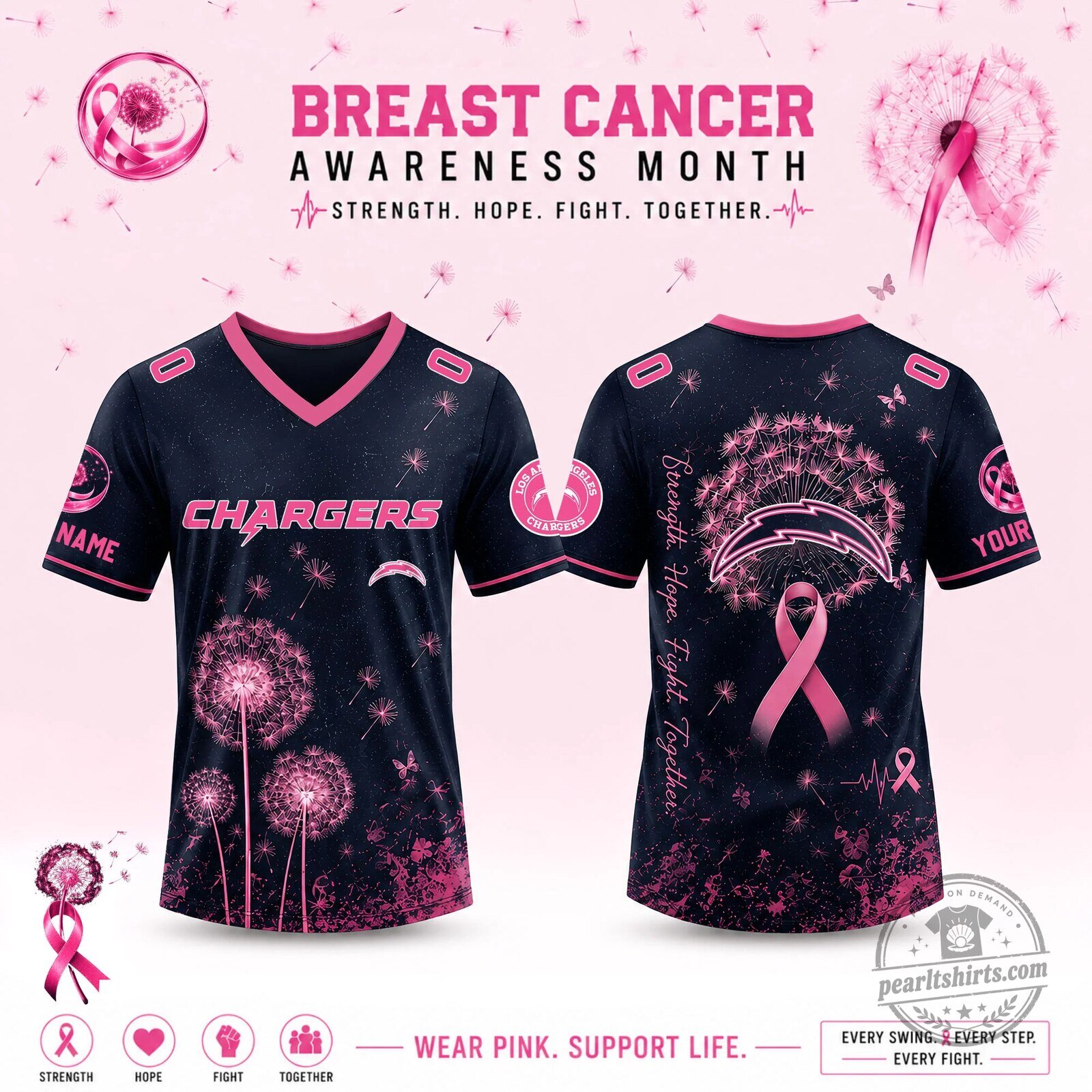Los Angeles Chargers Breast Cancer Awareness Month Strength Hope Fight Together Jersey
