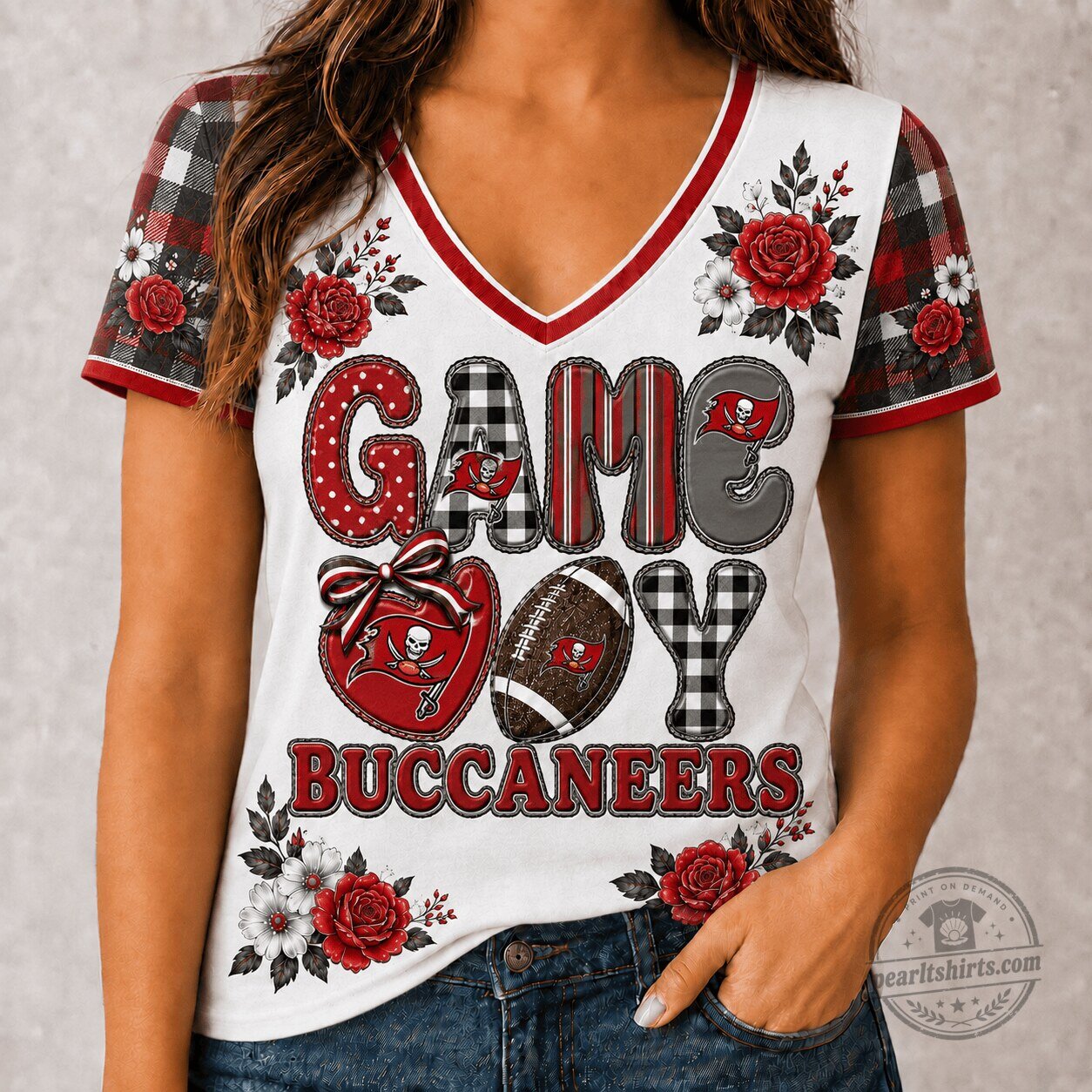 Tampa Bay Buccaneers NFL Football Game Day Floral V-Neck T-Shirt