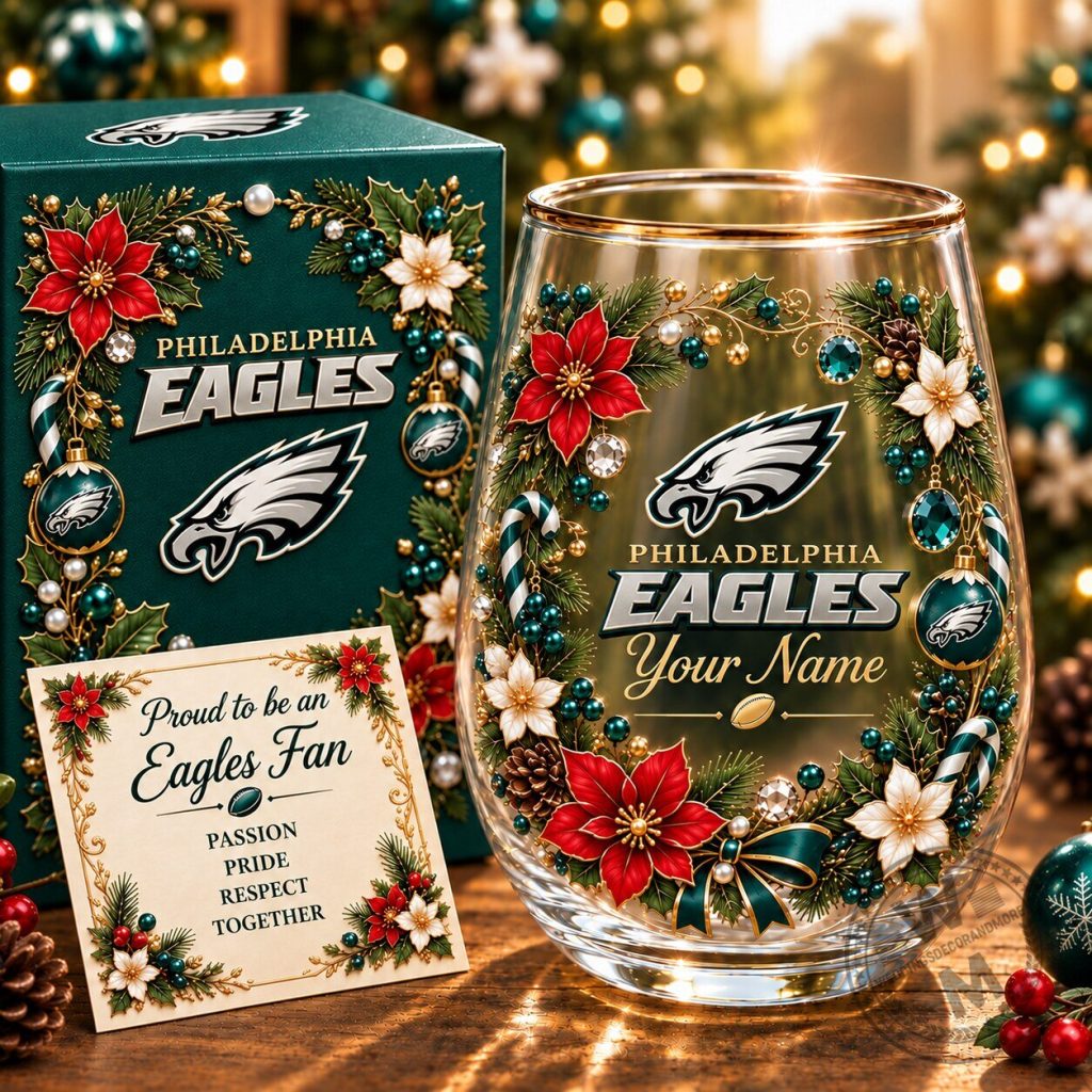 Philadelphia Eagles Christmas Flowers Personalized Stemless Wine Glass