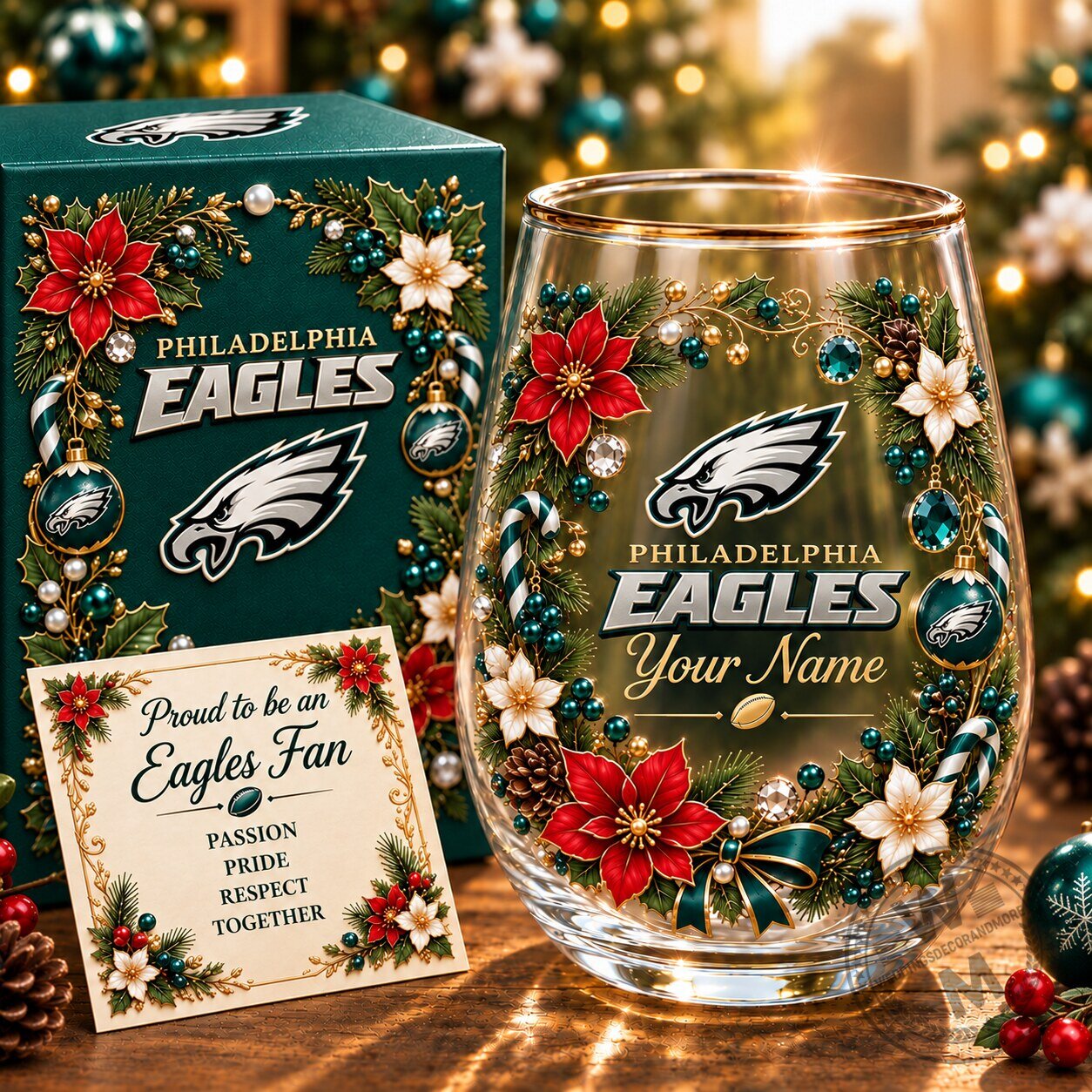 Philadelphia Eagles Christmas Flowers Personalized Stemless Wine Glass