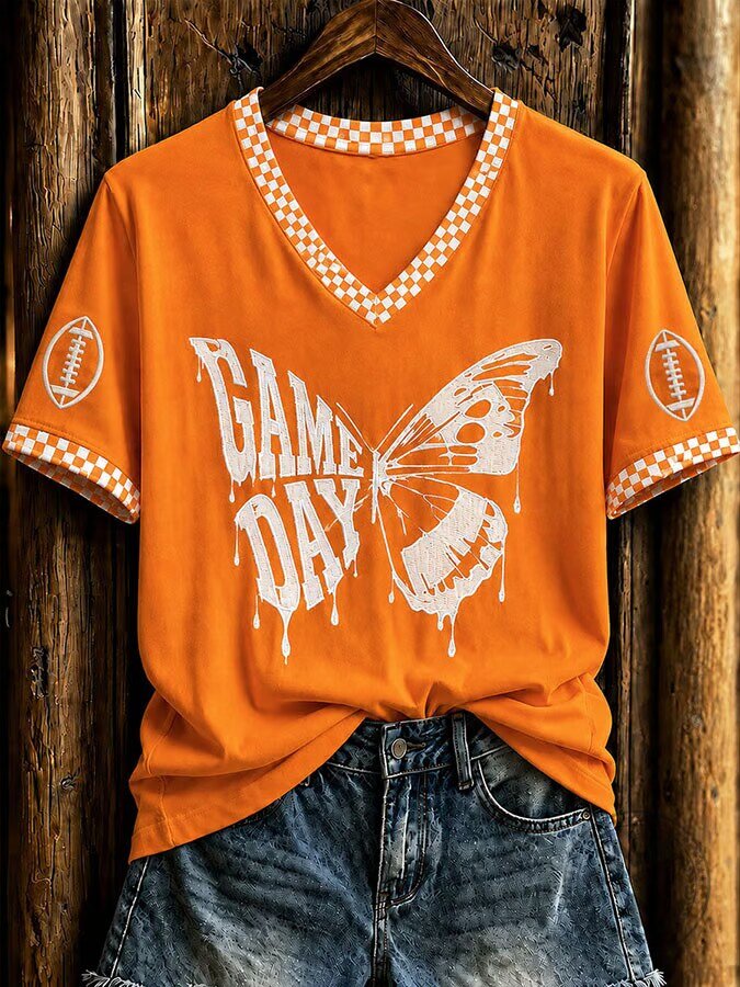 Game Day Butterfly Country Music Shirt for Women, Orange V-Neck T-Shirt