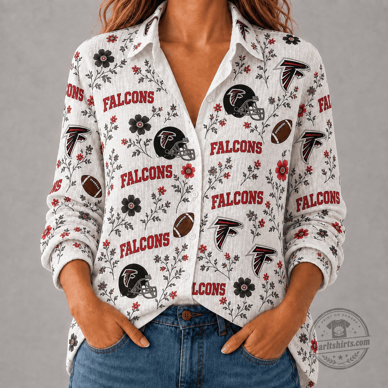 Atlanta Falcons Shirt for Women, Floral Football Helmet Design Long Sleeve Button Down
