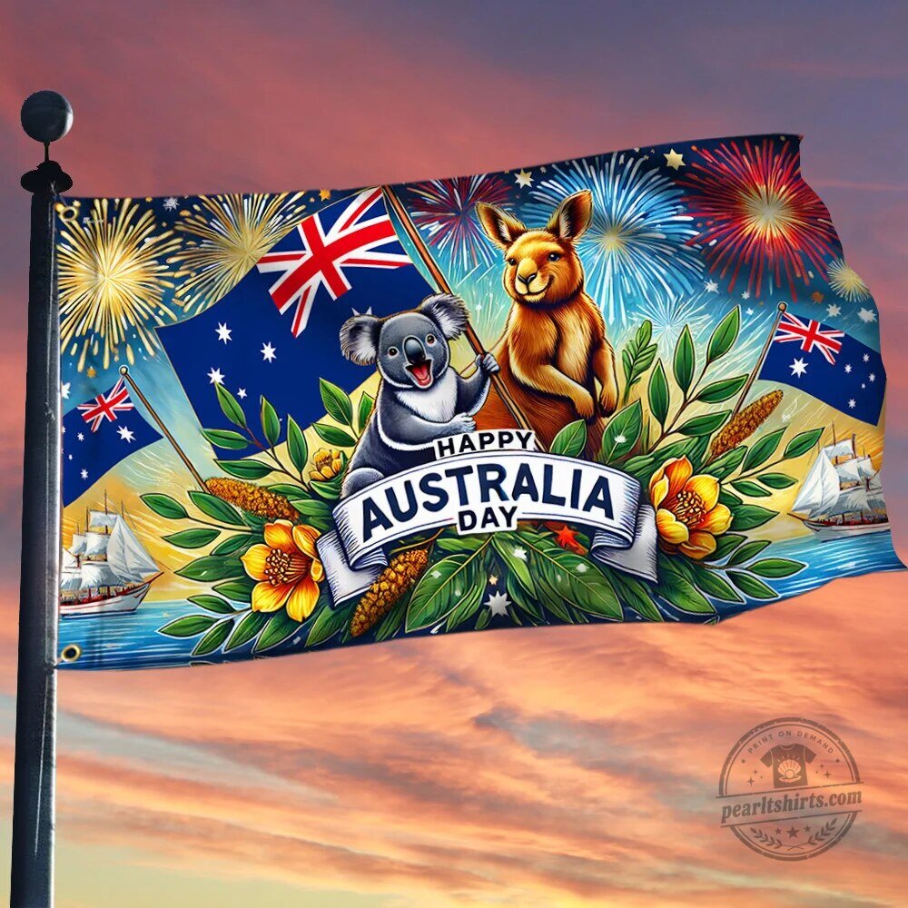 Happy Australia Day Koala Kangaroo Fireworks Flag