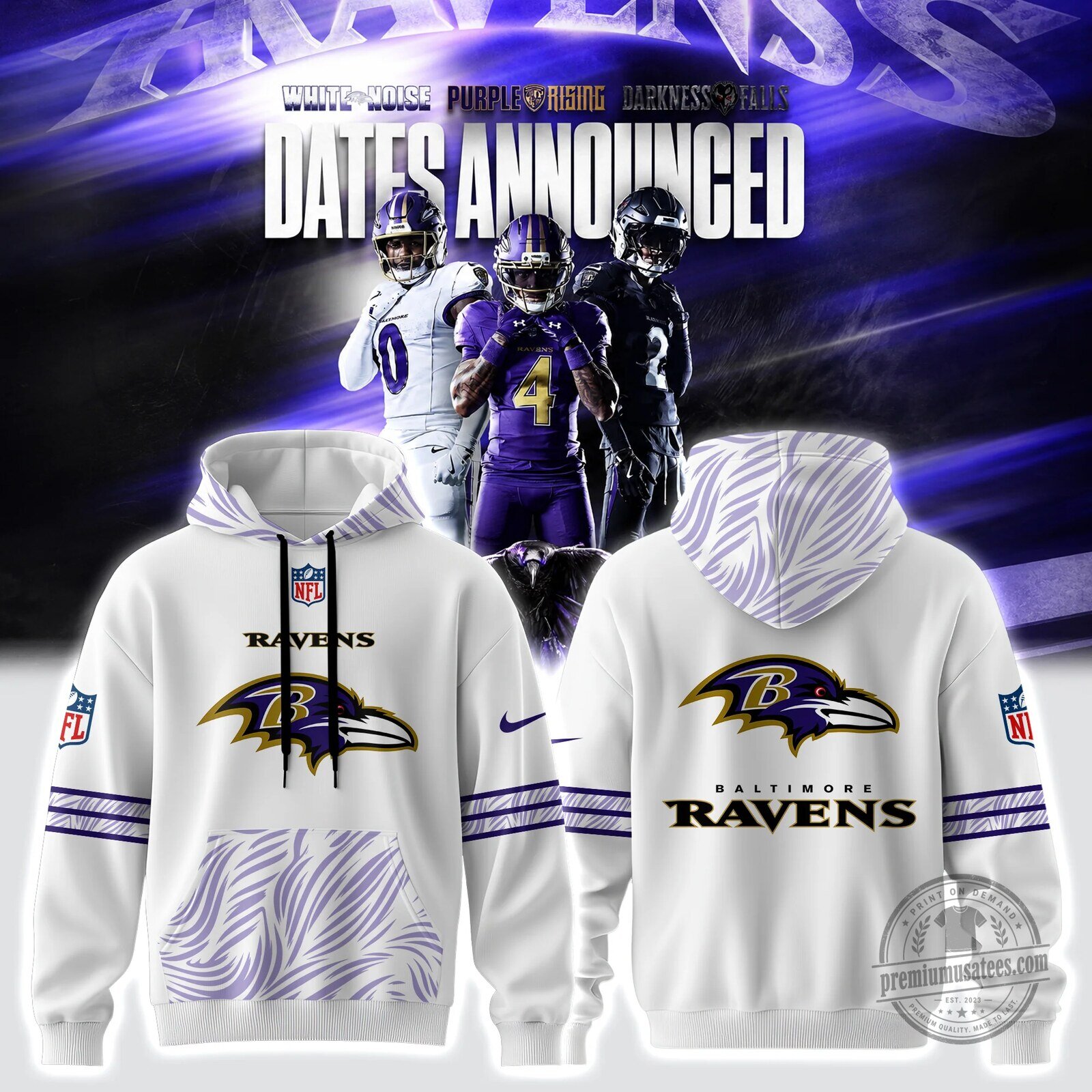 Baltimore Ravens NFL Football Team Logo White Zebra Print Hoodie