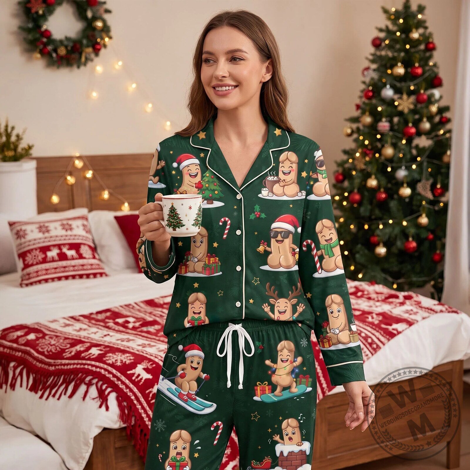 Funny Christmas Penis Cartoon Character Green Long Sleeve Pajama Set