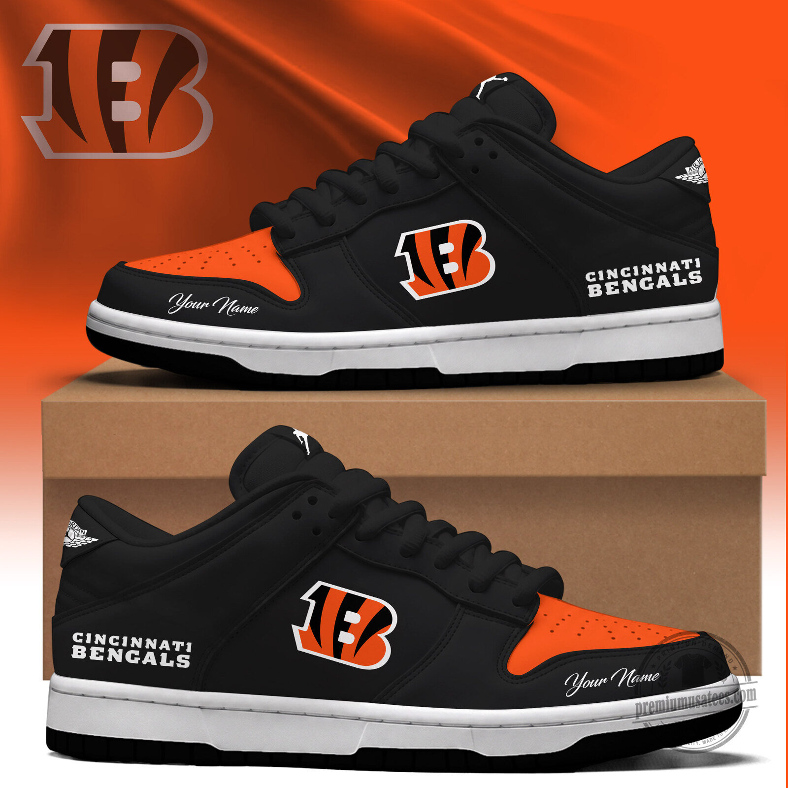 Cincinnati Bengals Personalized Black and Orange Team Logo Fan Shoes