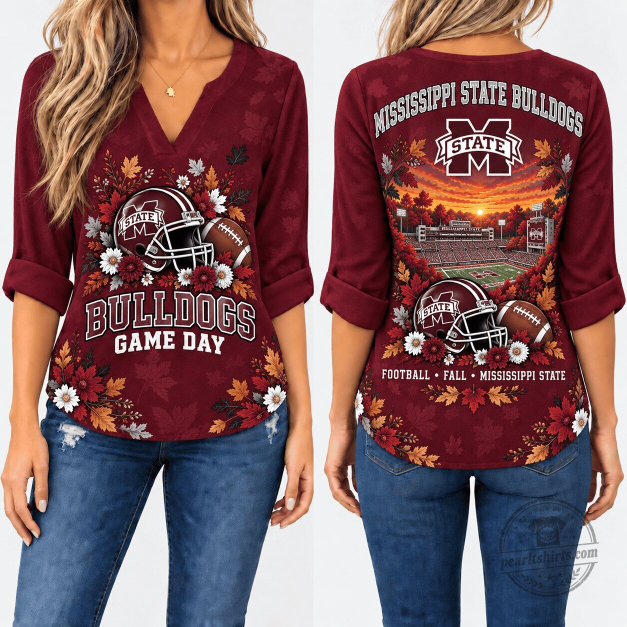Mississippi State Bulldogs Game Day Football Fall V-Neck Long Sleeve Shirt