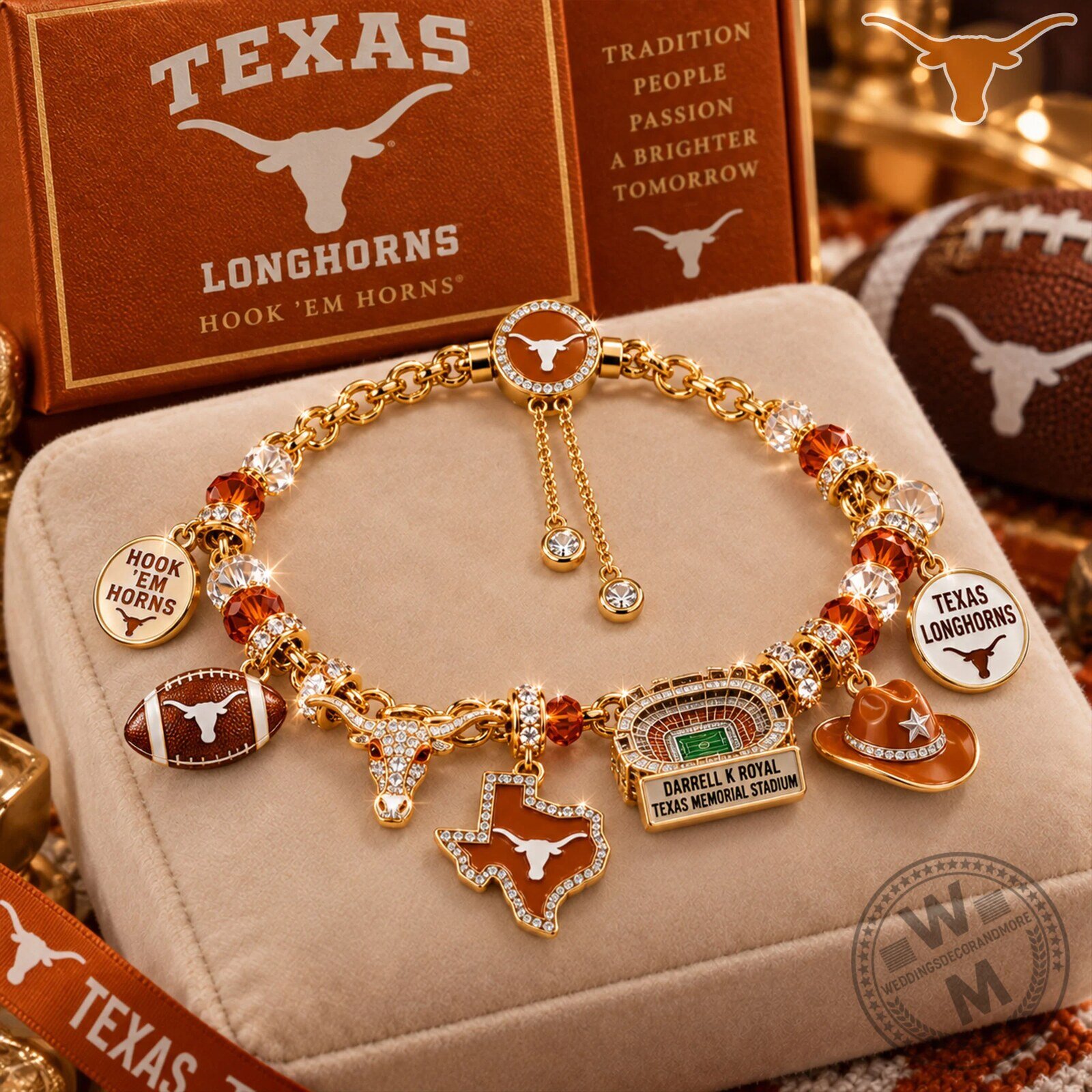 University of Texas Longhorns Charm Bracelet with Football and Stadium Charms