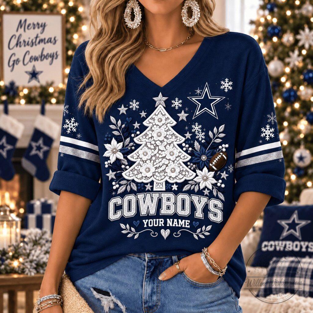 Dallas Cowboys Christmas Tree Snowflake Football Long-Sleeve V-Neck Shirt Dallas Cowboys Christmas Tree Snowflake Football Long-Sleeve V-Neck Shirt