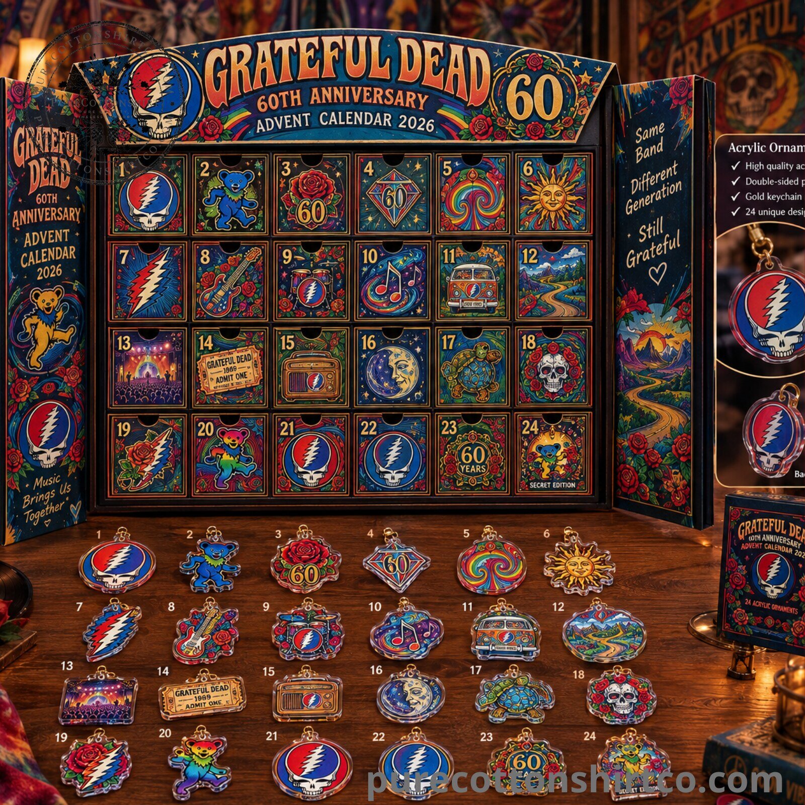 Grateful Dead 60th Anniversary Advent Calendar 2026 - 24 Days Flat Acrylic Ornaments Box