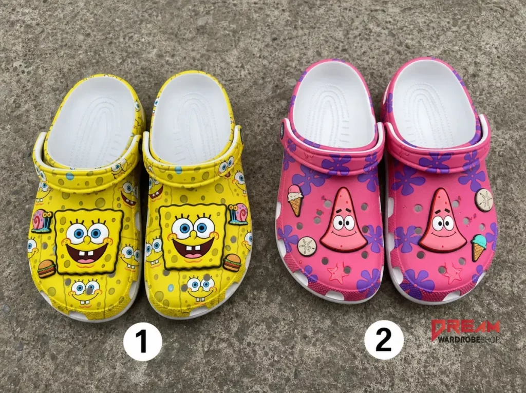 SpongeBob Squarepants and Patrick Star Cosplay Clogs Crocs Shoes Choose a Design - Asset #1 Top-down view of SpongeBob SquarePants and Patrick Star character clogs on a map background.