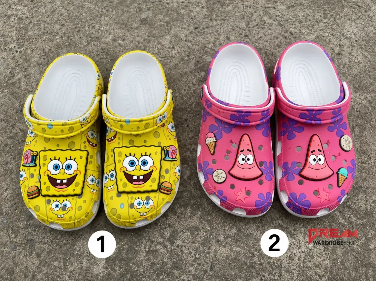 Top-down view of SpongeBob SquarePants and Patrick Star character clogs on a map background.