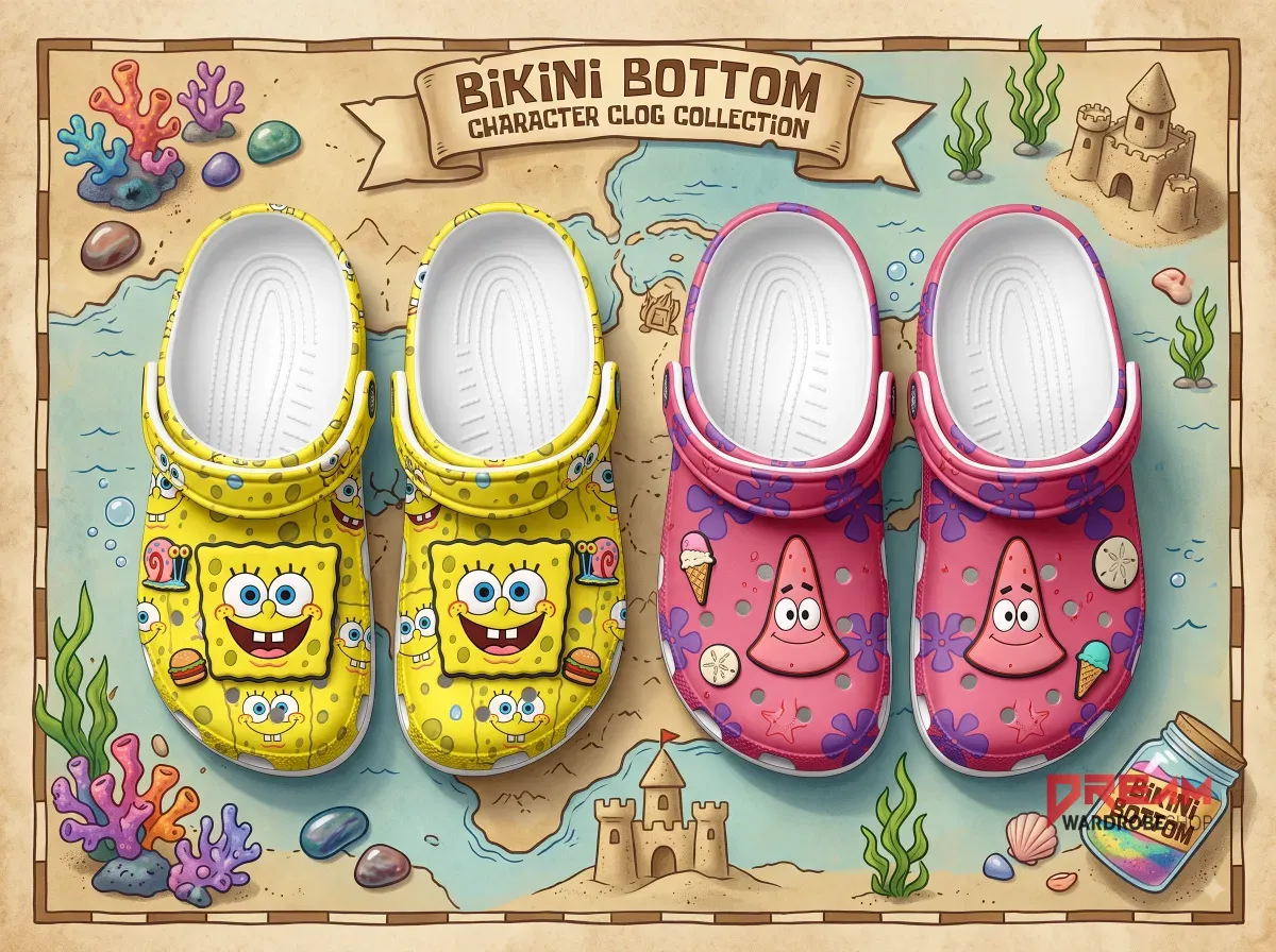 SpongeBob Squarepants and Patrick Star Cosplay Clogs Crocs Shoes Choose a Design 5 Top-down view of SpongeBob SquarePants and Patrick Star character clogs on a map background. (Detail view #2)