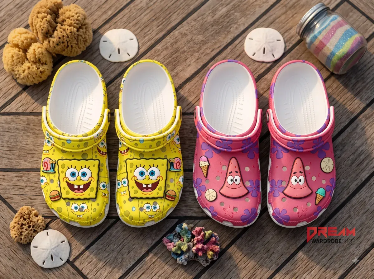 SpongeBob Squarepants and Patrick Star Cosplay Clogs Crocs Shoes Choose a Design 8 Top-down view of SpongeBob SquarePants and Patrick Star character clogs on a map background. (Detail view #4)