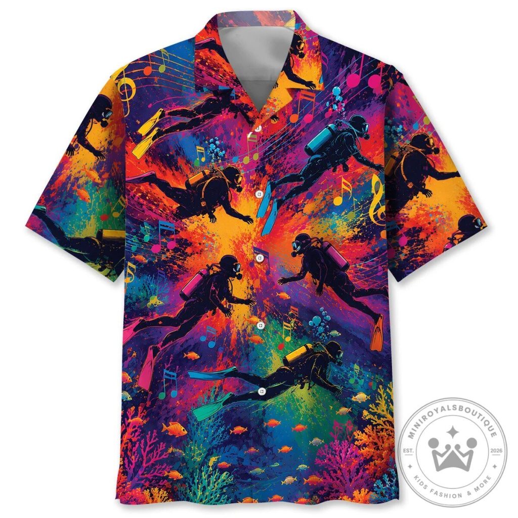 Colorful Scuba Divers and Coral Reef Vintage Art Hawaiian Shirt