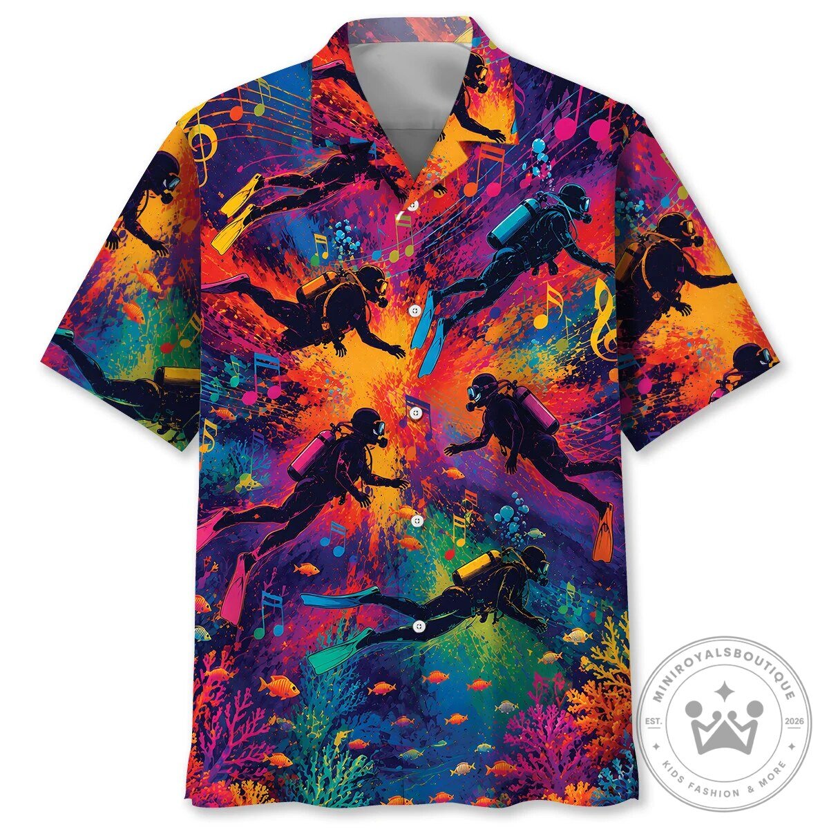 Colorful Scuba Divers and Coral Reef Vintage Art Hawaiian Shirt