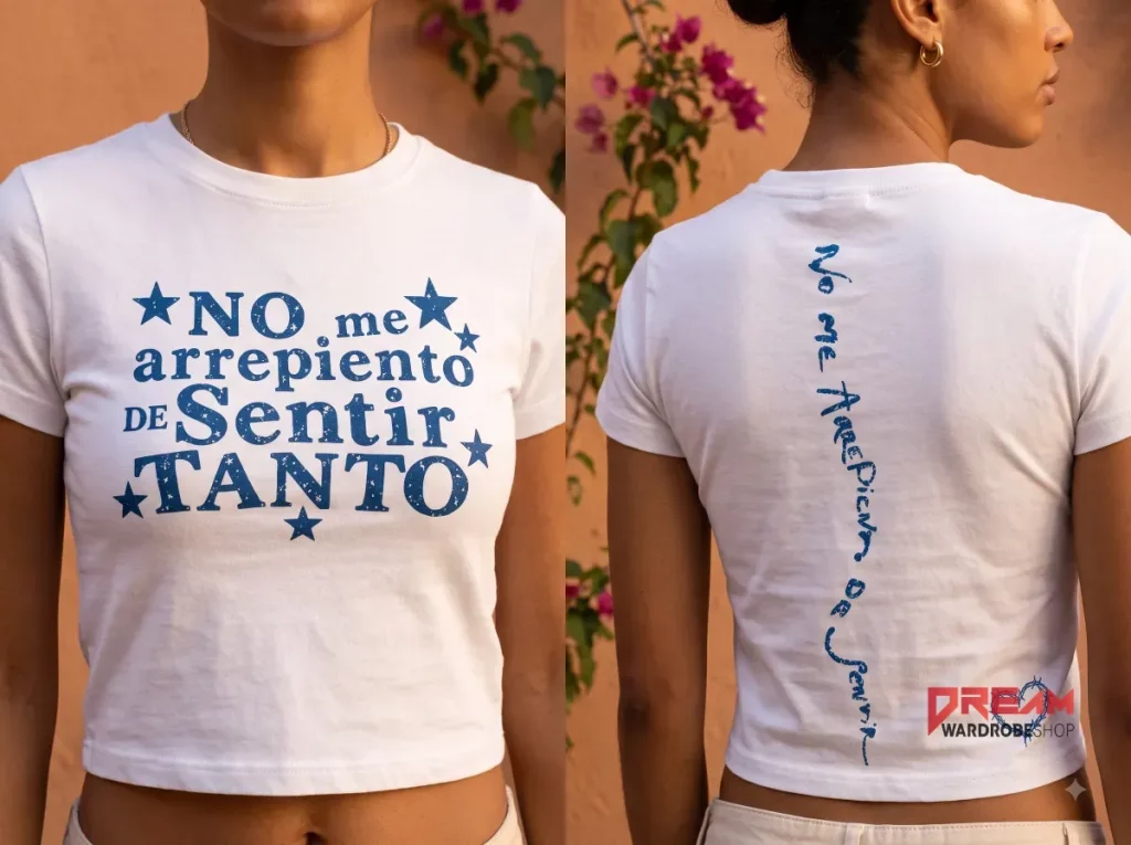 No Me Arrepiento De Sentir Tanto Karol G Women's Crop Top Baby Tee - Asset #1 No Me Arrepiento De Sentir Tanto Karol G Women's Crop Top Baby Tee