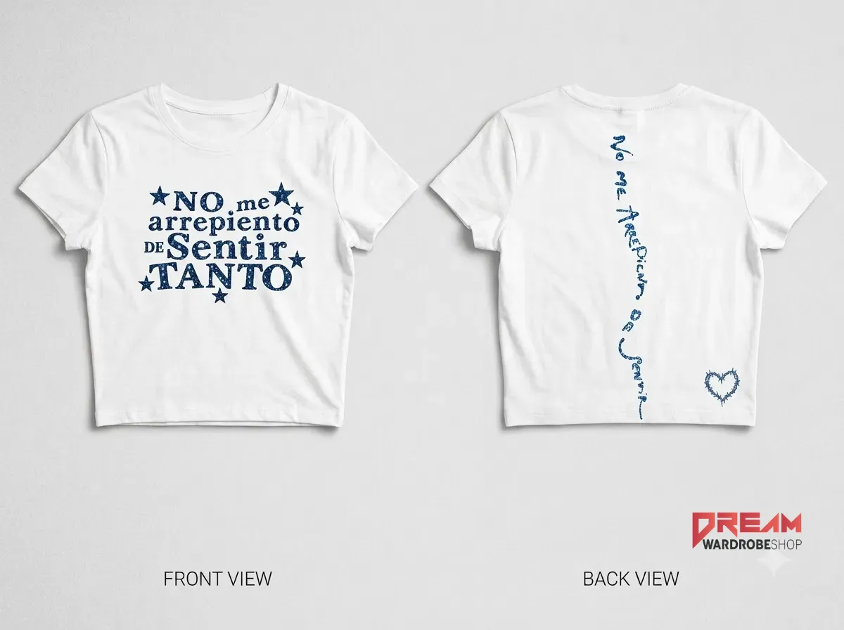 No Me Arrepiento De Sentir Tanto Karol G Women's Crop Top Baby Tee 4 Front view of white Karol G crop top featuring blue distressed No Me Arrepiento De Sentir Tanto typography and star accents. (Detail view #3)