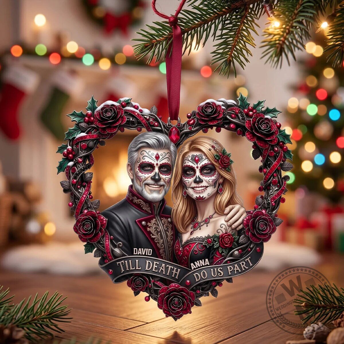 Day of the Dead Couple Heart Wreath Christmas Tree Ornament