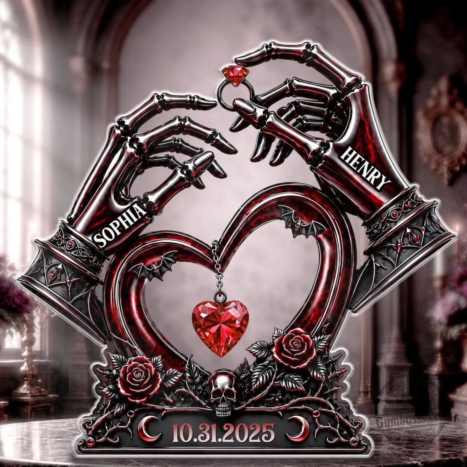 Halloween Couple Gift Personalized Skeleton Hands Heart Acrylic Plaque