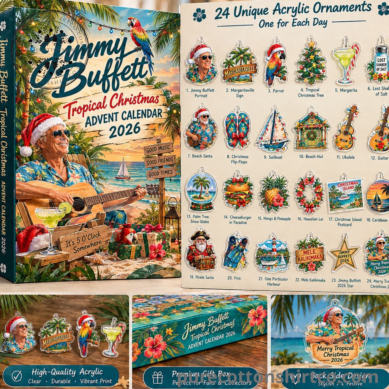Jimmy Buffett Tropical Christmas Advent Calendar 2026 - 24 Days Flat Acrylic Ornaments Box