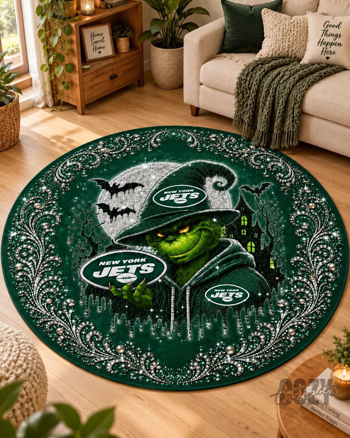New York Jets Grinch Halloween Round Area Rug