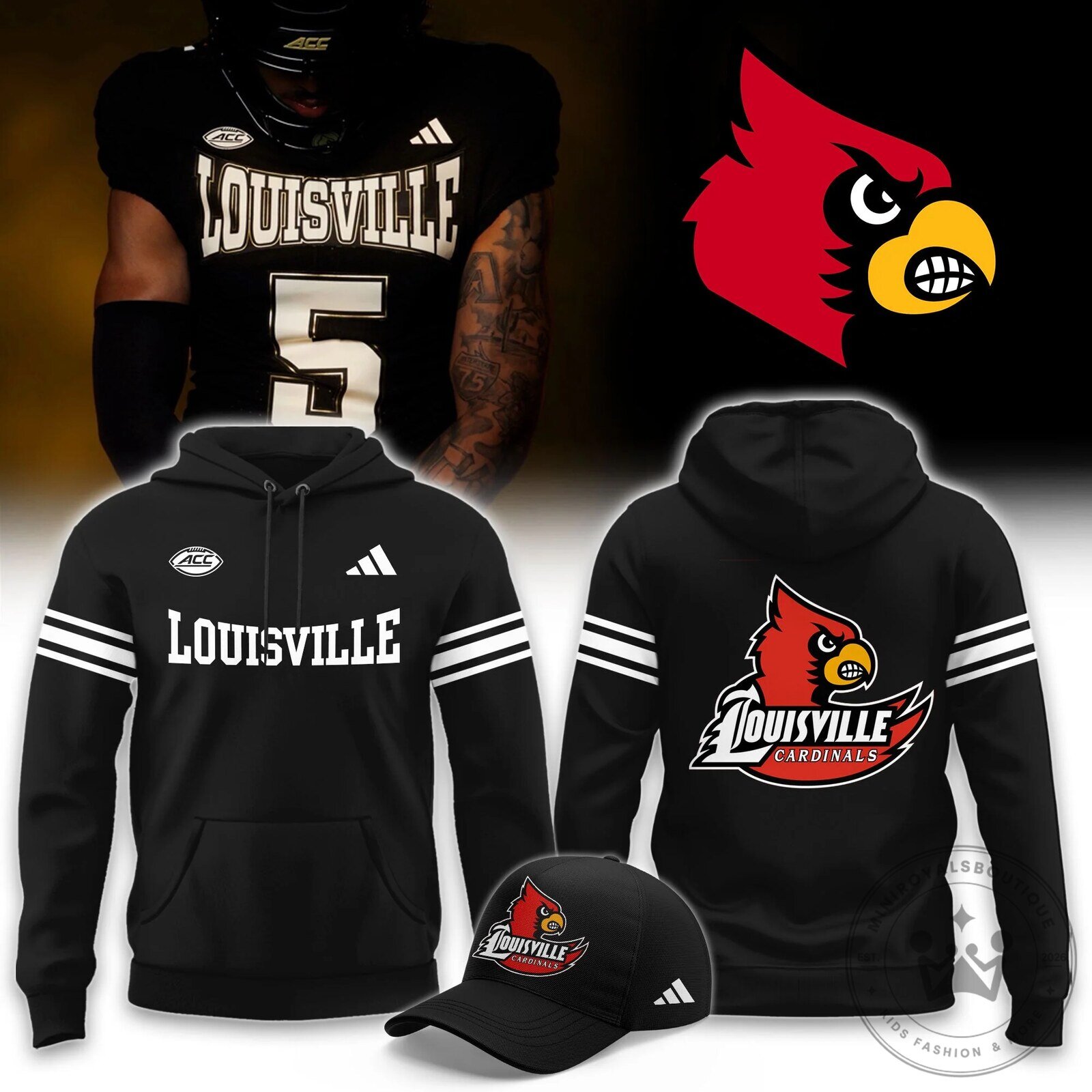 Louisville Cardinals Football Team Black Hoodie with Logo and Stripes