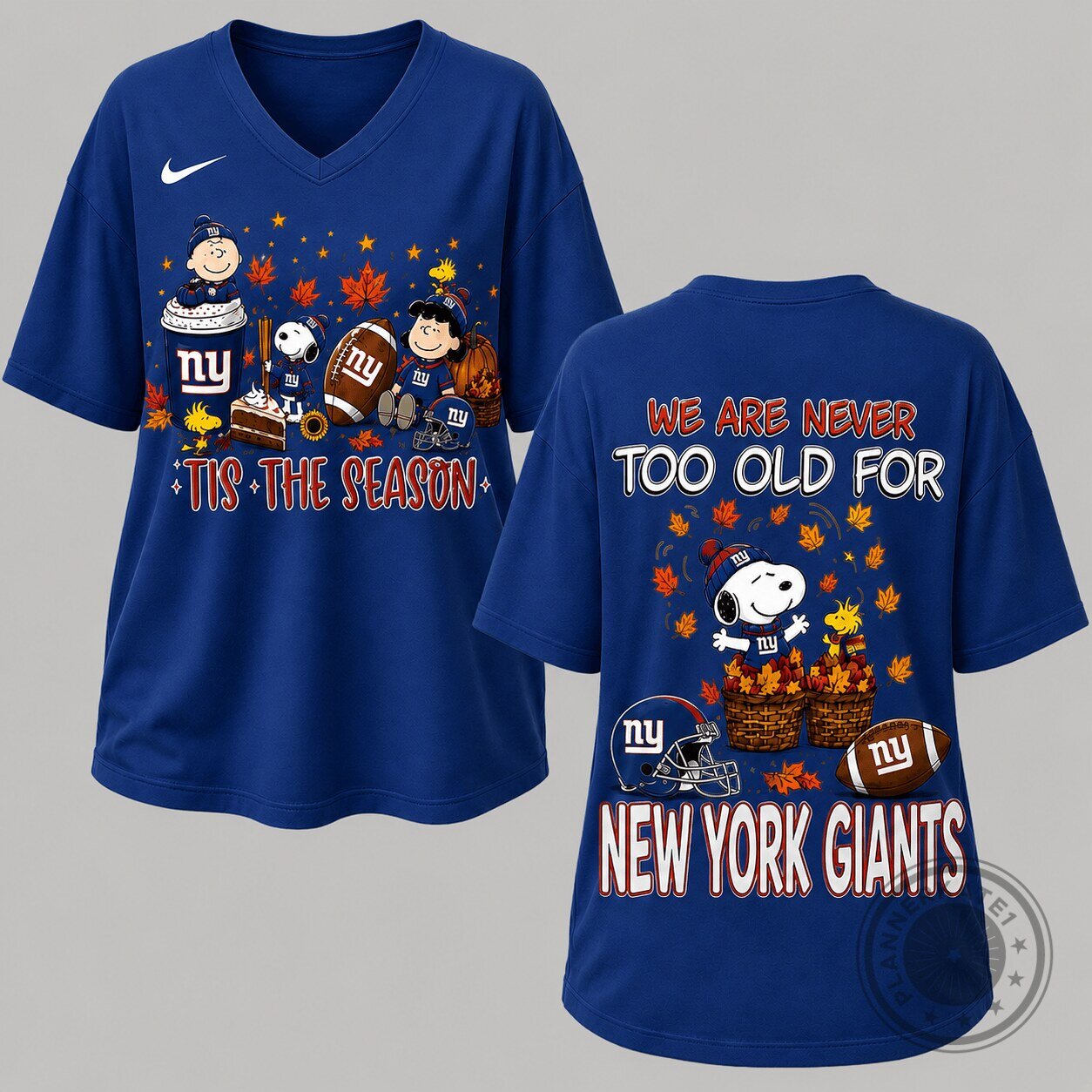 New York Giants Football Snoopy Charlie Brown Autumn Season V-Neck T-Shirt