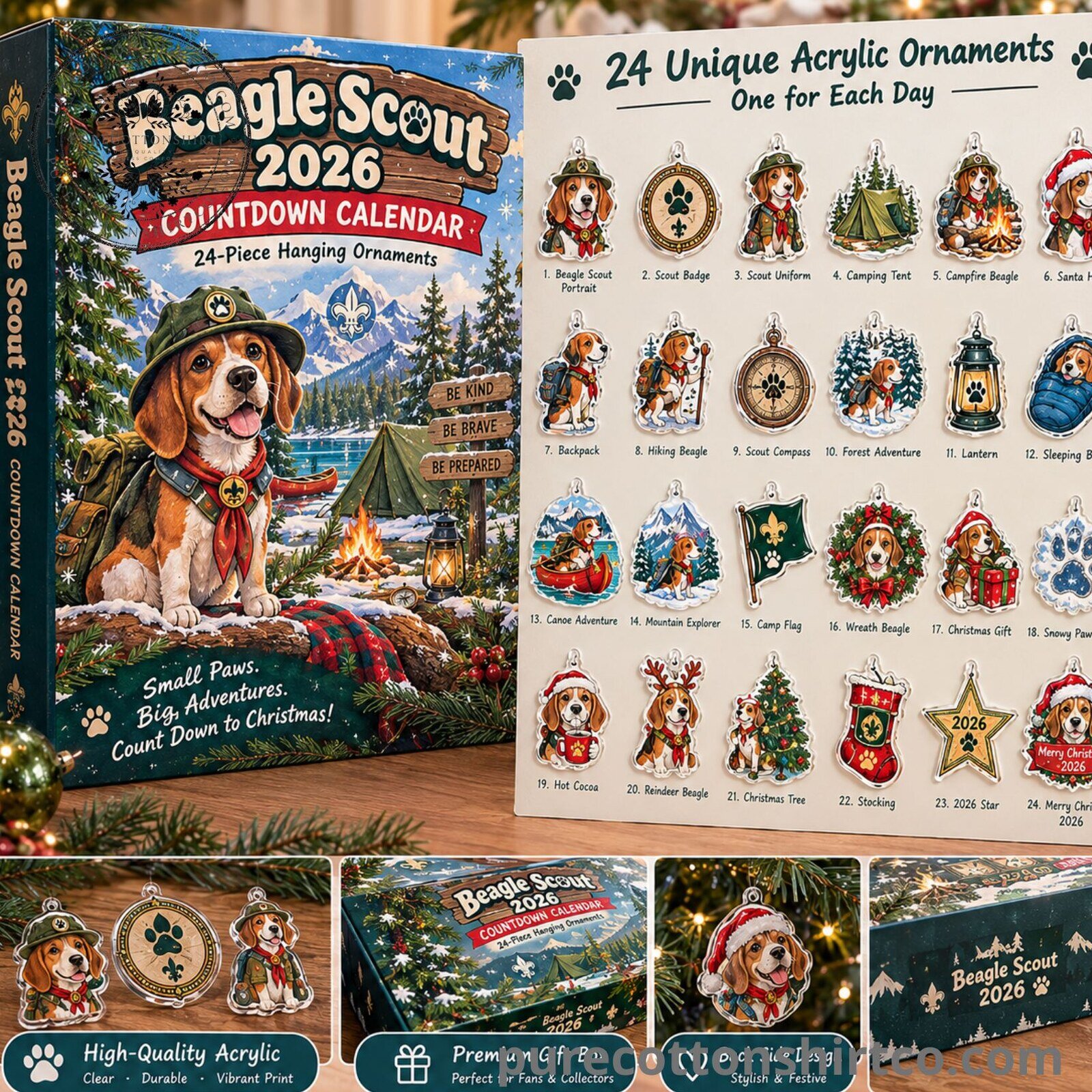 Beagle Scout Advent Calendar 2026 - 24 Days Flat Acrylic Ornaments Box
