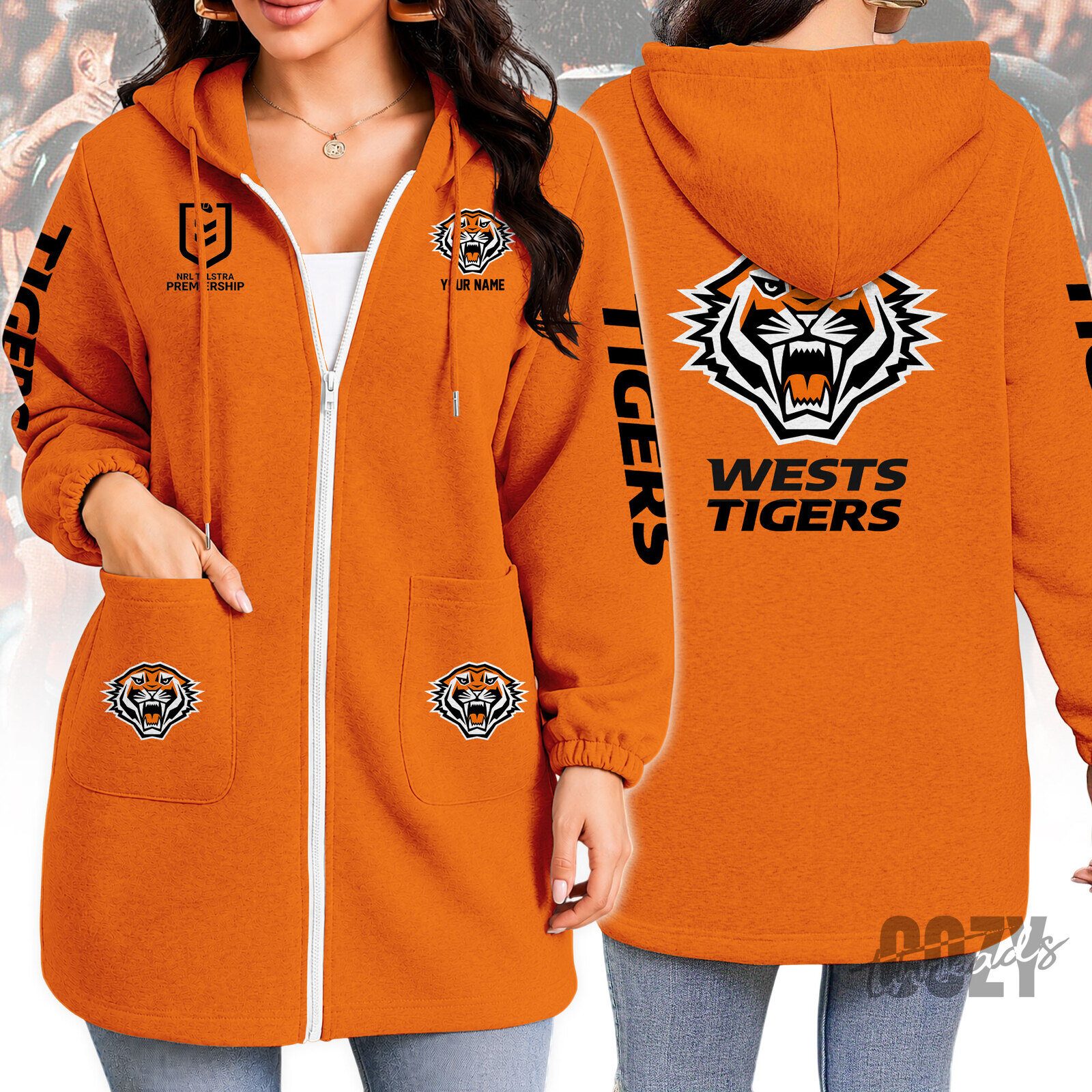 Wests Tigers National Rugby League Team Full-Zip Hoodie for Women