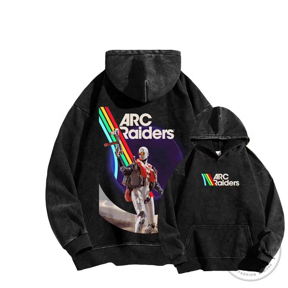 Hoodie in Washed Black with ARC Raiders Video Game Logo Design