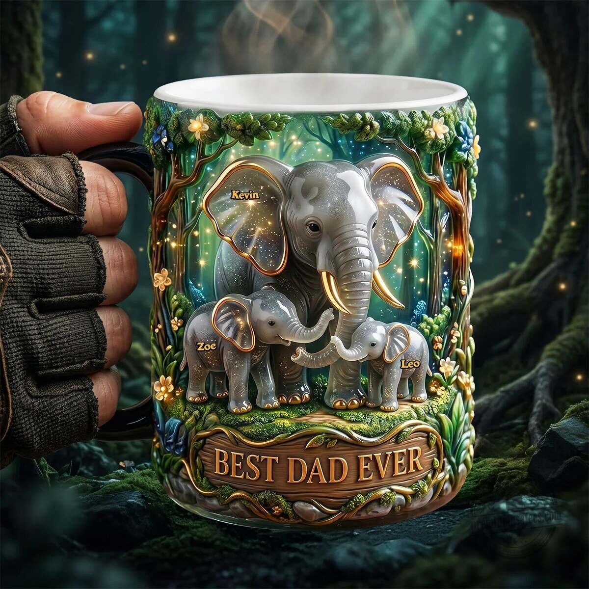 Personalized Elephant Dad Magic Mug, Best Dad Ever Coffee Cup Gift