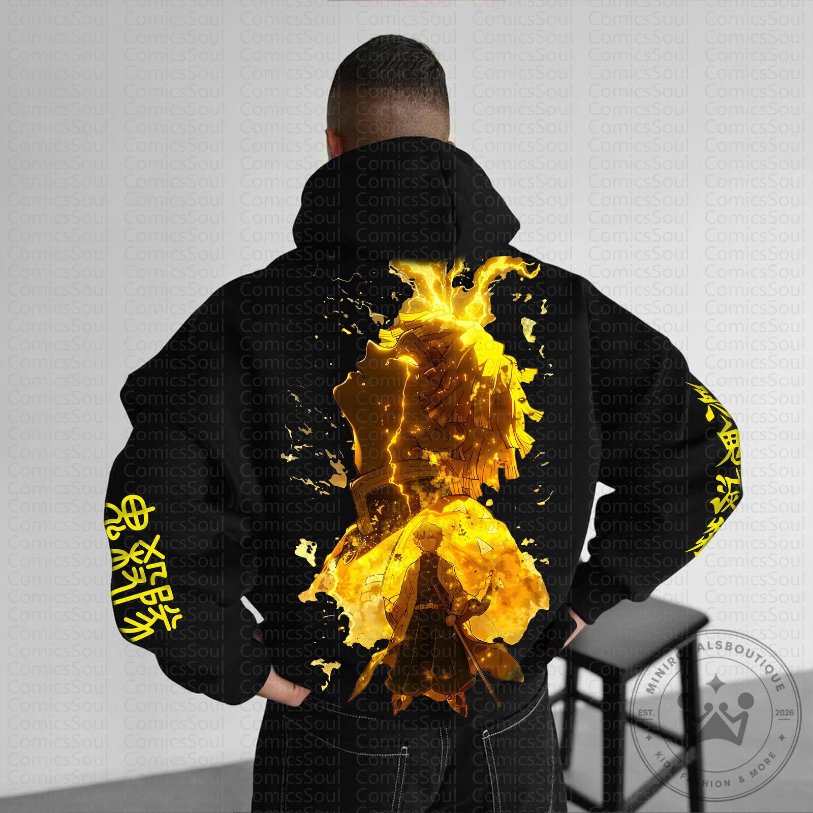 Anime Graphic Black Hoodie featuring Zenitsu Agatsuma from Demon Slayer
