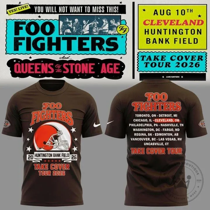 Foo Fighters Cleveland Browns Take Cover Tour 2026 Concert T-Shirt