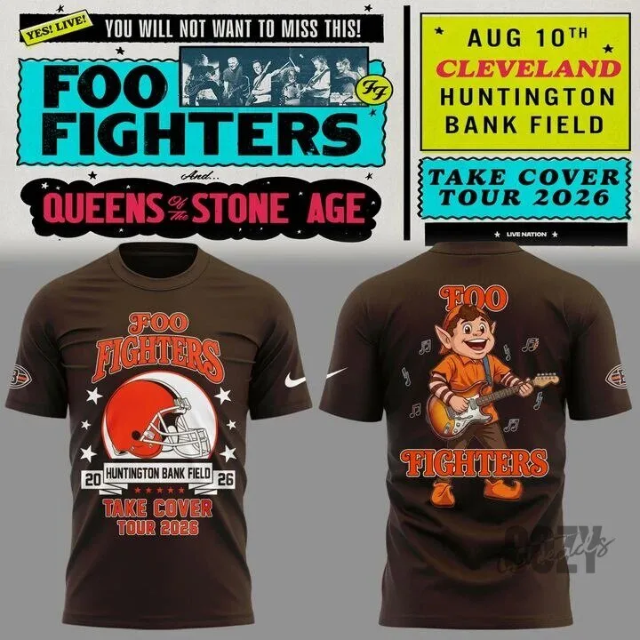 2026 Concert T-Shirt for the Take Cover Tour by Foo Fighters and Cleveland Browns