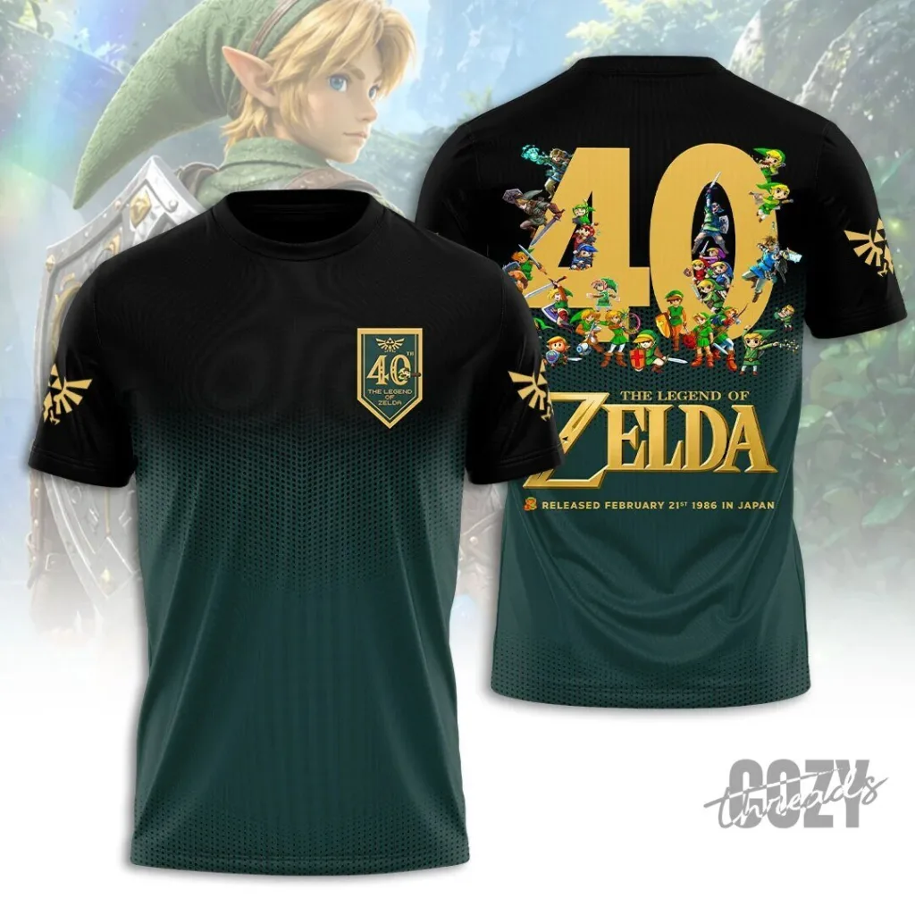 The Legend of Zelda 40th Anniversary Gold Logo Black and Green T-Shirt