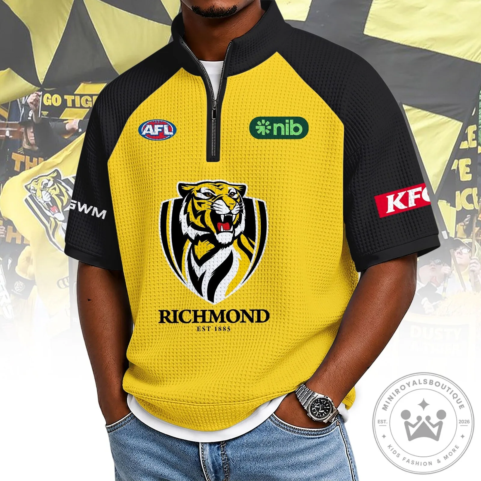 Richmond Tigers Australian Football League Team Logo Quarter Zip Polo Shirt