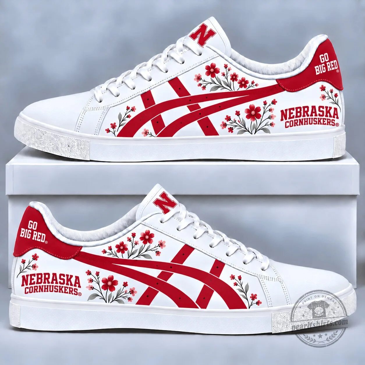 Nebraska Cornhuskers Go Big Red Floral Pattern Low Top Sneakers