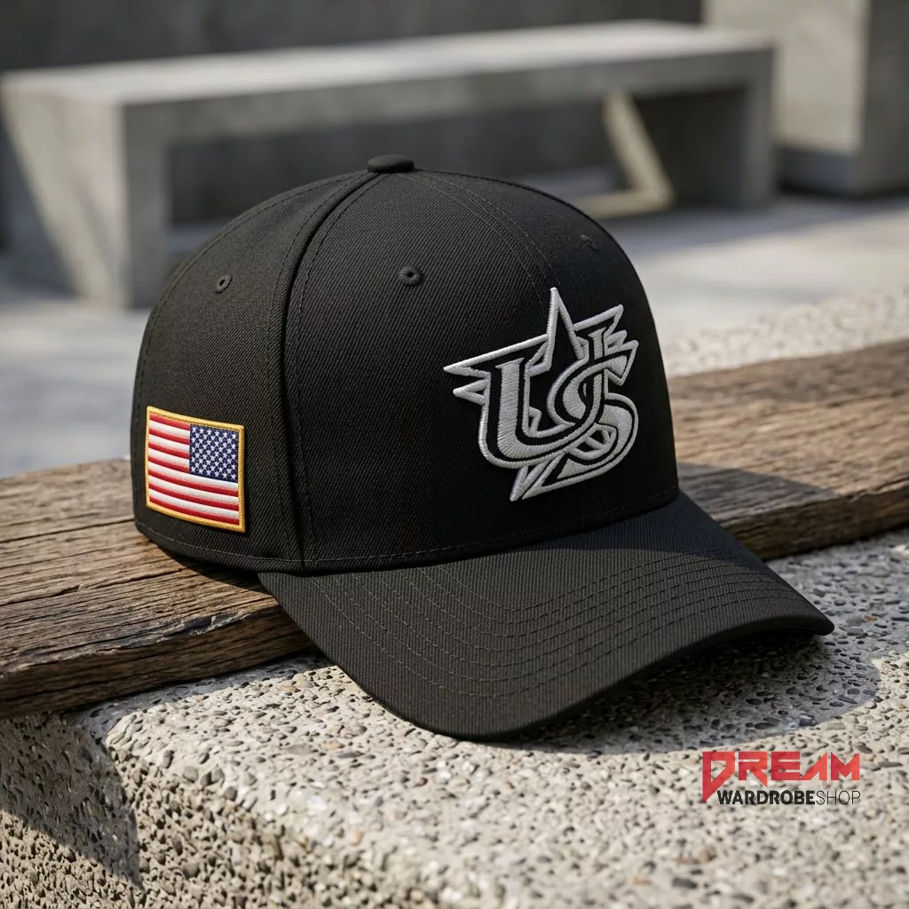 New Era 9Forty USA 2026 M Crown Snapback Hat Replica 2 Front profile view of a black New Era 9Forty style snapback hat featuring a bold white typographic graphic on the structured crown.