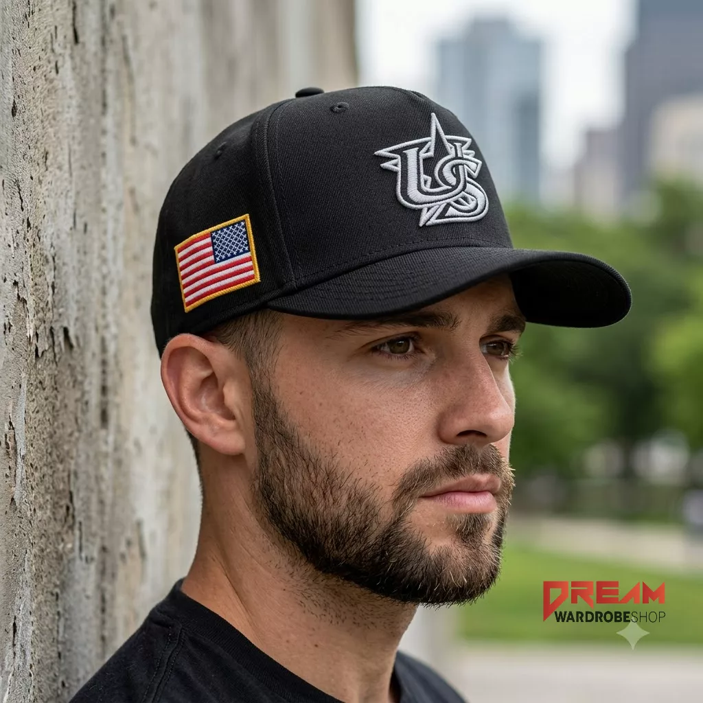 New Era 9Forty USA 2026 M Crown Snapback Hat Replica 3 Close-up side view of the black New Era 9Forty snapback hat showcasing the colorful United States flag patch on the side panel.