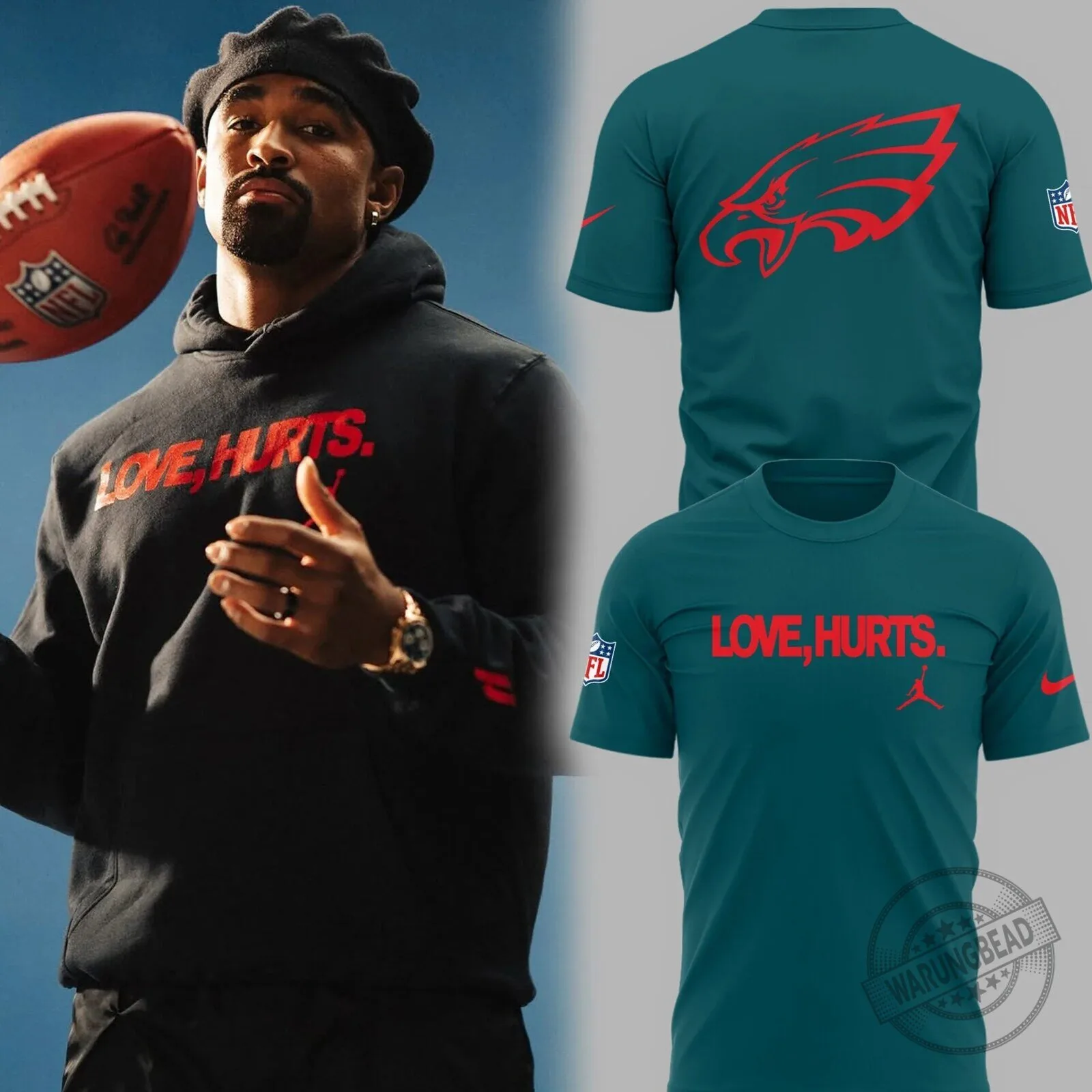 Green Graphic Tee featuring Eagles Football and Love Hurts Design 1 Green Graphic Tee featuring Eagles Football and Love Hurts Design