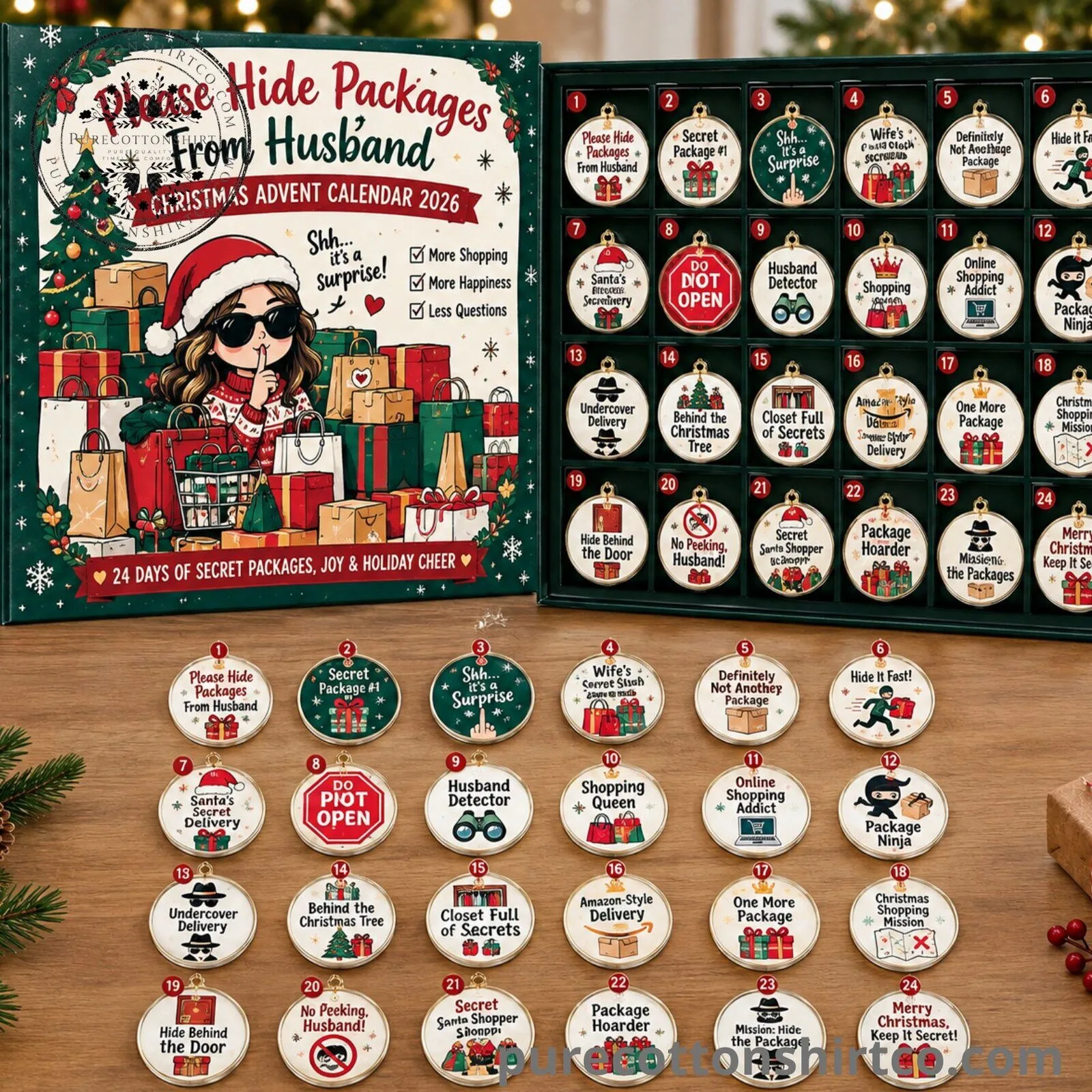 Please Hide Packages From Husband Advent Calendar 2026 - 24 Days Flat Acrylic Ornaments Box