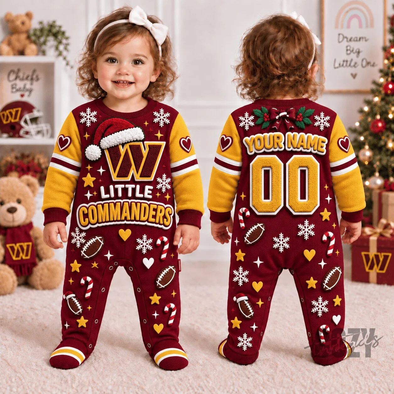 Washington Commanders NFL Christmas Baby Footed Pajamas Custom Name Number