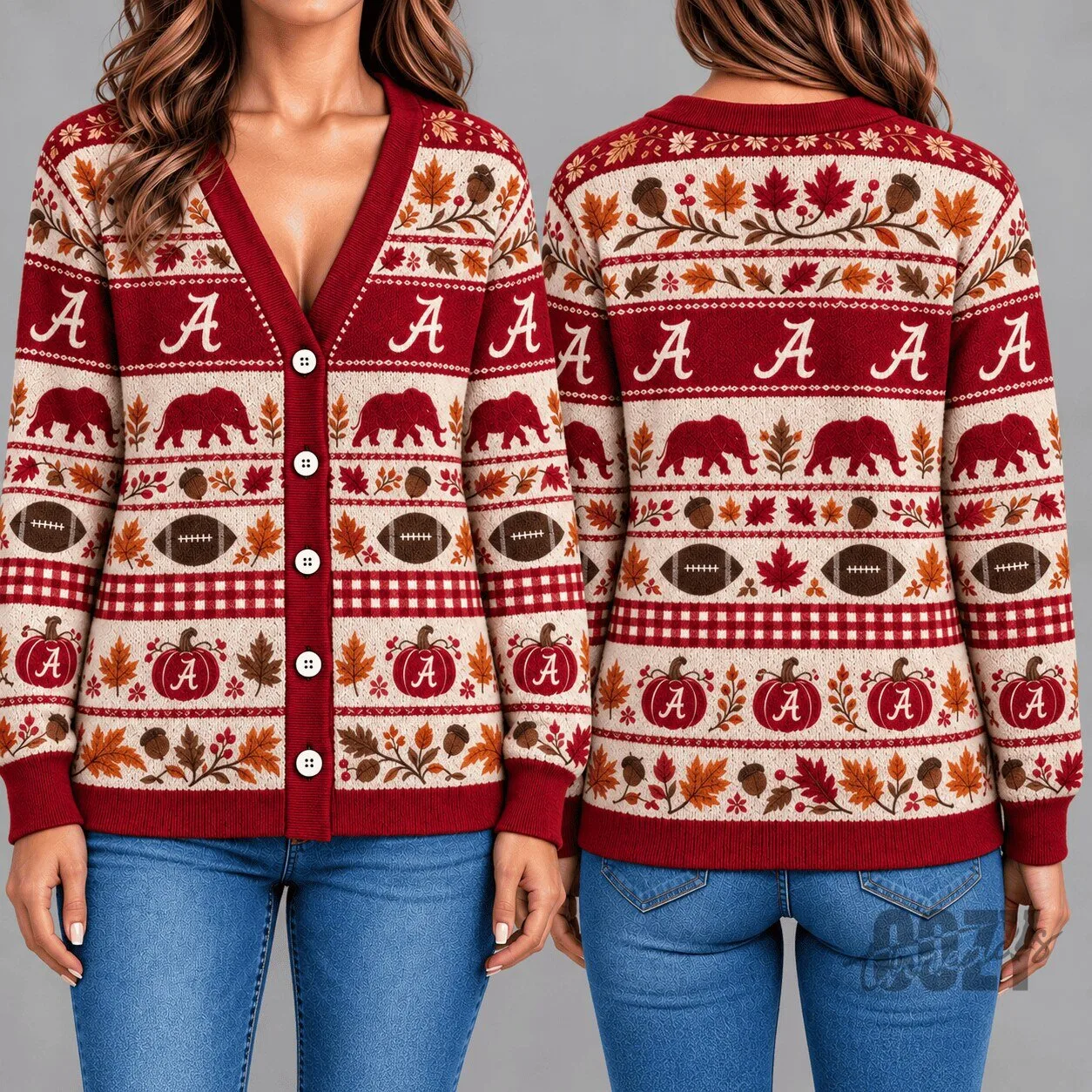 Alabama Crimson Tide Football Fall Leaves Knitted Cardigan Sweater