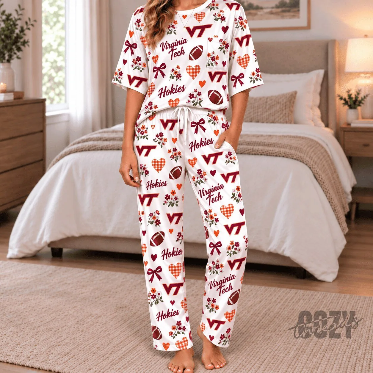 Women's Pajama Set with Virginia Tech Hokies Football Hearts Design