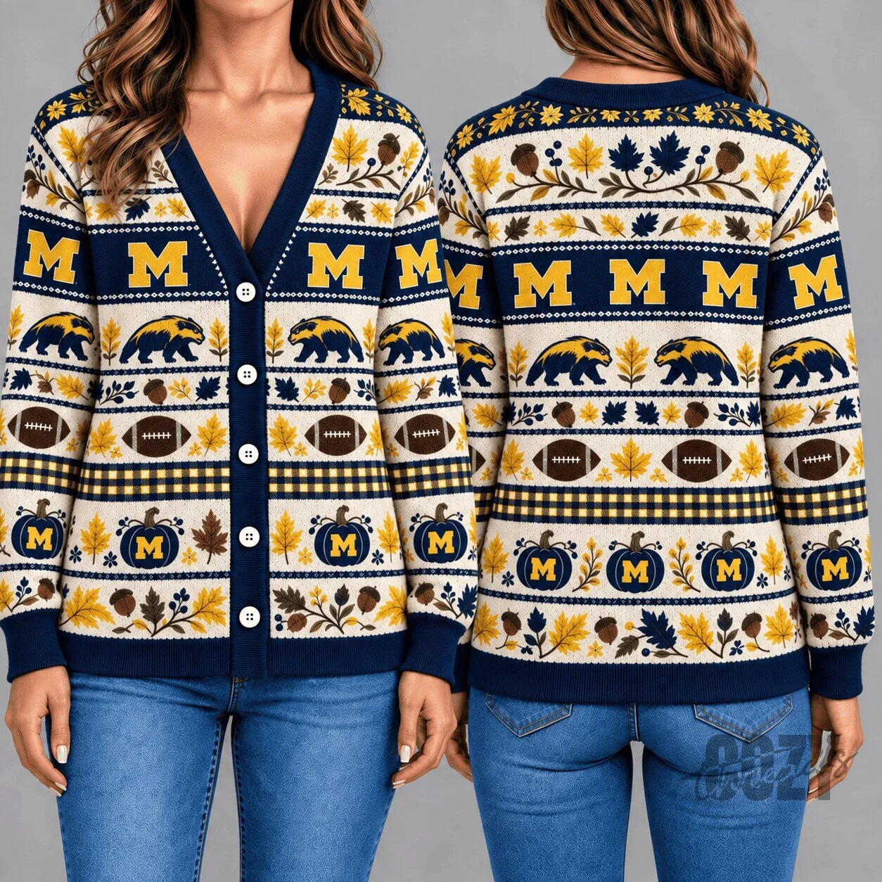 Michigan Wolverines Autumn Leaves Football Pattern Knitted Cardigan
