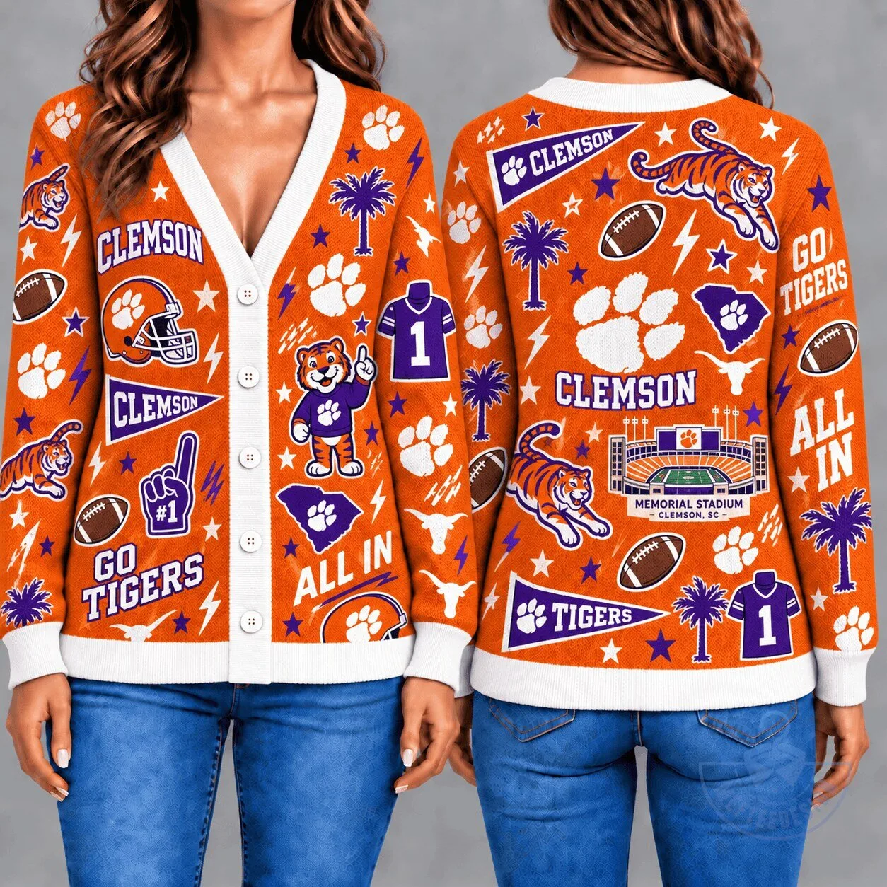 Clemson Tigers Football Team Knitted Cardigan Sweater for Women 1 Clemson Tigers Football Team Knitted Cardigan Sweater for Women