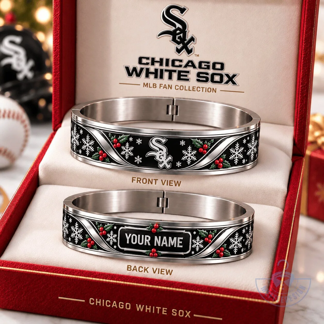 Chicago White Sox MLB Christmas Snowflake Holly Personalized Bracelet