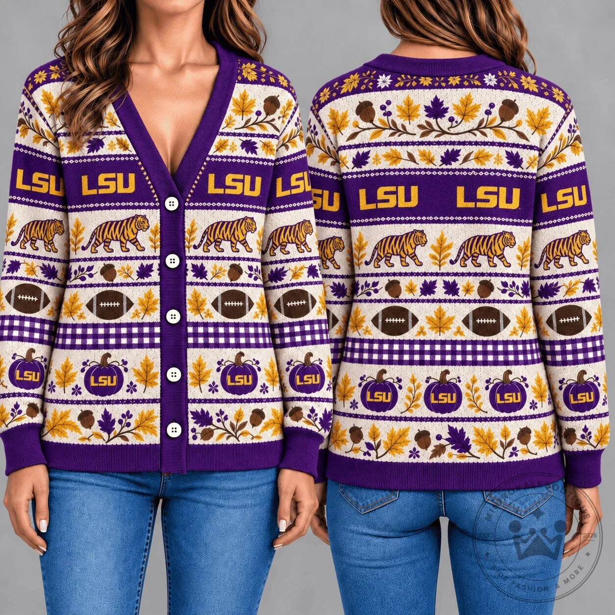 LSU Tigers Football Fall Leaves Knitted Cardigan Sweater